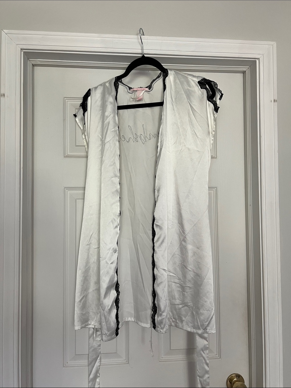 VS Women's Satin Robe with Black Lace Trim - White